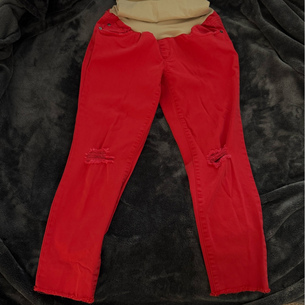 Luxe Essential Denim- Red Distressed Maternity Jeans